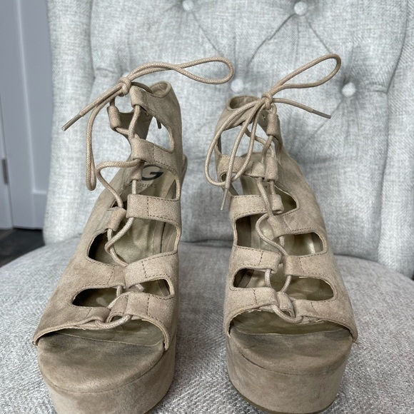 G By Guess Womens Tan Wedge Lace-Up Dress Booties 8.5 Vegan Suede - Picture 3 of 4